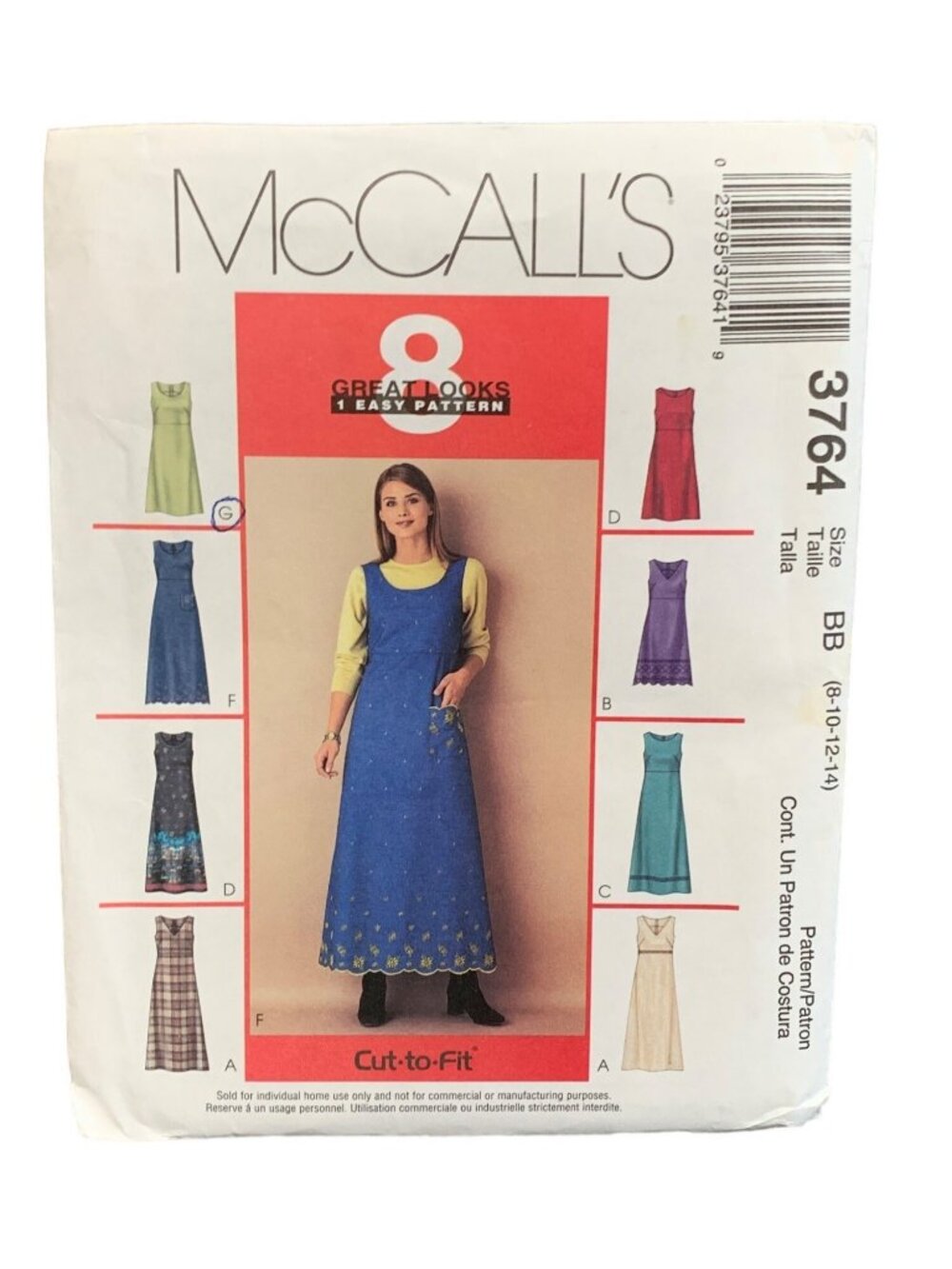 McCalls 3764 Easy Pattern 8-10-12-14 Cut-To-Fit Dress Sewing Uncut